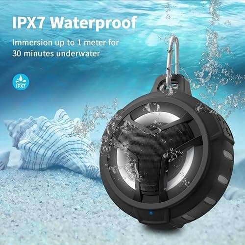 EBODA Bluetooth Shower Speaker, Portable Bluetooth Speakers, IP67 Waterproof Wireless Speaker with LED Light, Floating, 2000mAh, True Wireless Stereo for Kayak, Beach, Gifts for unisex -Black thumbnail 2