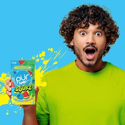 PUR Jumbo SOURZ Gum | Aspartame Free Chewing Gum | 100% Xylitol | Natural Flavor | Sour Blue Raspberry, Sour Watermelon, 20 Pieces (Pack of 1) thumbnail 6