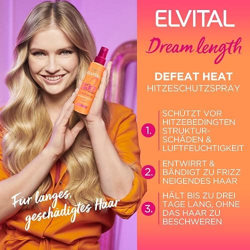 L'Oréal Paris Elvital Hitzeschutzspray für langes, glattes Haar, Leave-In Haarkur gegen Frizz, Ohne Ausspülen, Mit Vitaminen und Rizinusöl, Dream Length Defeat The Heat, 1 x 150 ml thumbnail 6