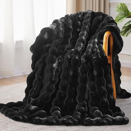 Anysay Faux Fur Throw Blanket, 1000GSM Fluffy Soft Bubble Blanket for Couch Bed, Cozy Plush Warm and Thick Blanket, Fuzzy Rabbit Lola Throw for Living Room Bedroom 90''*104'' Black - Image 1