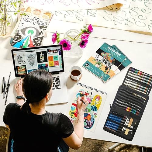 KALOUR 76pc Art Supply Set - Sketching & Drawing Kit with Tutorial Book, Sketchbook & Paper - Pencils, Pastels, Watercolors for Beginner Artists thumbnail 2