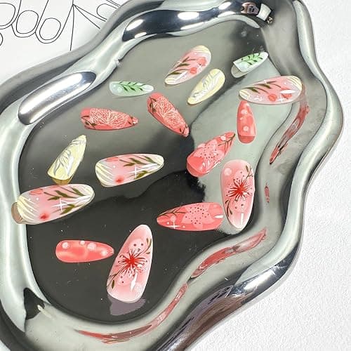 24pcs Flower Press on Nails Medium Almond Fake Nails with 3D Pink Summer Floral Designs Gradient False Nails Butterfly Glue on Nail Cute Flowers Acrylic NailsFull Cover Stick on Nails for Women thumbnail 4