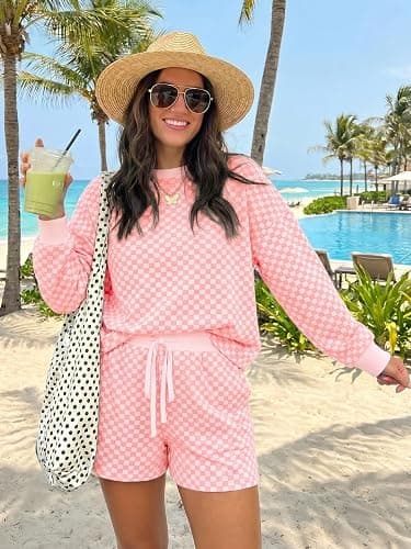 Tankaneo Womens 2 Piece Outfits Oversized Long Sleeve Checkered Plaid Tops Elastic Waist Shorts 2026 Pajama Sets Loungewear thumbnail 2