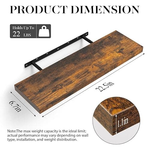BAYKA Floating Shelves, 22.5 inch Rustic Wood Wall Shelves for Bathroom，Bedroom, Living Room, Kitchen & Book, Hanging Display Decor Organization Shelf with 22 lbs Capacity (Rustic Brown) thumbnail 6