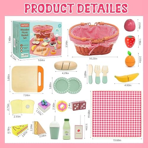 HAPGFS Wooden Picnic Basket Toy Set with Realistic Play Food - Kids Pretend Play Kitchen Accessories for Toddlers 3-8, Wood Play Food for Imaginative Tea Party & Outdoor Fun thumbnail 4