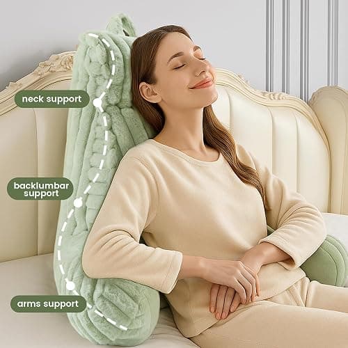 Amélie Home Faux Fur Reading Pillow with Pocket for Sitting in Bed, Adult Backrest Bed Pillow with Washable Cover for Lounging, Study & Relaxing, Sage Green 25 inches thumbnail 2