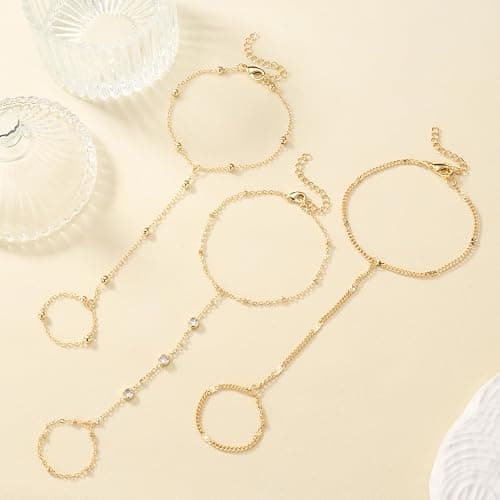 Reoxvo Gold Hand Chain Ring Bracelets Jewelry for Women | Non Tarnish Waterproof 14K Gold Plated Finger Rings Bracelet Accessories thumbnail 4