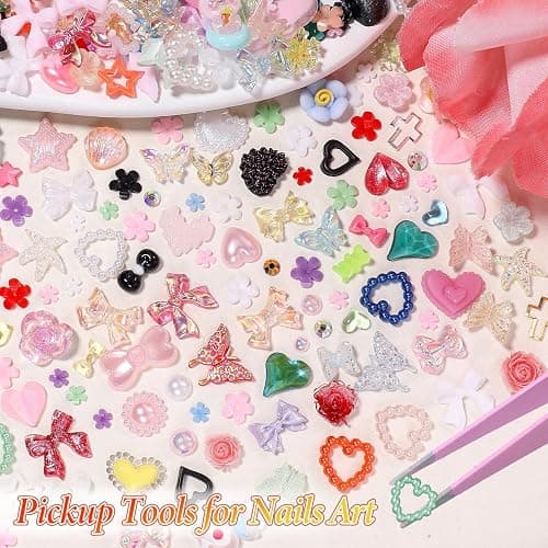 3D Nail Charms and Gems Mix Styles Butterfly Flower Bow Heart Colorful Assorted Nail Art Charm for Acrylic Nails Design, Pearls Nails Charms with Rhinestones Tiny Beads with Tweezers thumbnail 2