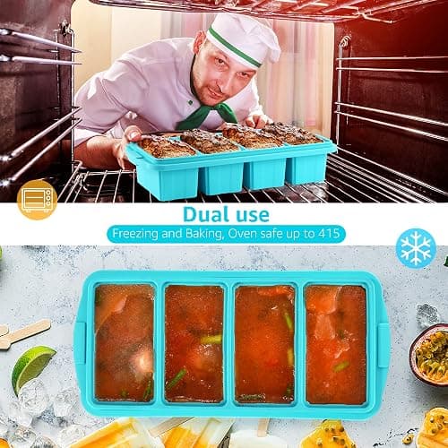 Ztomine Silicone Freezer Tray With Lid - Silicone Freezer Food Molds- Large Ice Cube Tray,Silicone Freezer Container,Freeze & Store Soup, Sauce, Broth,Leftovers - Makes 4 Perfect 1 Cup thumbnail 4