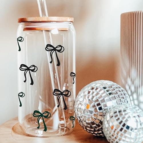 BIPEDS Cute Black Bow Glass Cup with Lid and Straws, Iced Coffee Smoothie Matcha Cup Tumbler, Birthday Gifts for Women Coffee Lover Teenage 13 14 15 16 17 18 19 years old Teen Girl Gifts Trendy Stuff thumbnail 6