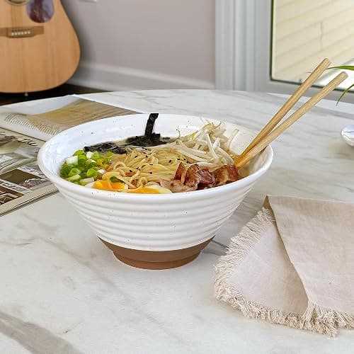 Mora Ceramic Ramen Bowl Set of 2, 45oz - Great for Pho, Miso Udon Soup, Instant Noodles, Serving, Thai or Asian Food - Microwave Safe Large Japanese Noodle Bowls, Modern Kitchen - Vanilla White thumbnail 8