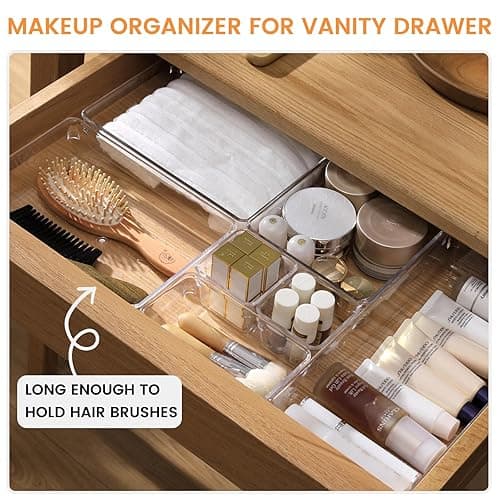 6 Pack Large Clear Plastic Drawer Organizer Trays, Acrylic Kitchen Drawer Organization and Storage Dividers, Non-Slip Storage Bins for Makeup, Kitchen Utensils, Bathroom, Jewelries and Office Desk - 6 Pack - Clear thumbnail 5