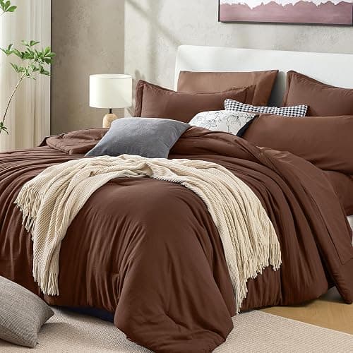 Sasttie Full Comforter Set 7-Piece Dark Brown, Pre-Washed Bed in a Bag | Soft & Breathable, All-Season Bedding Set with Comforter, Sheets, Pillowcases & Pillow Shams, OEKO-TEX, Down Alternative - Image 1