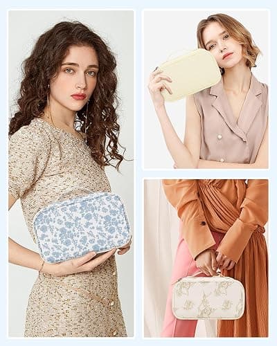 Relavel Travel Makeup Bag, Small Floral Cosmetic Bag with Makeup Brush Compartment, Portable Makeup Pouch for Women, Double Layer Makeup Organizer Bag Cute Toiletry Bag thumbnail 6