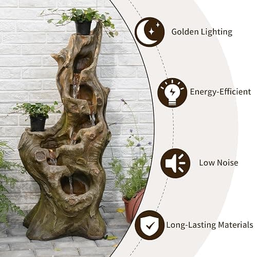 Sunlinua Water Fountain Outdoor 5-Tiers Large Cascading Realistic Tree Trunk Natural Waterfall Outdoor Fountains Resin Imitation Wood with LED Lights for Garden, Patio, Porch thumbnail 4