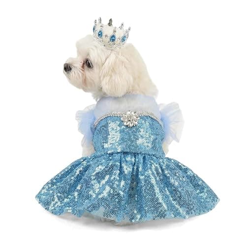 Littledropet Dog Snow Queen Costume Pet Princess Dress with Crown,S | Halloween Small Dog Princess Costume Outfits;Luxury Sequin Pet Birthday Party Dress;Summer Dog Tutu Dress Skirt Clothes - Image 1