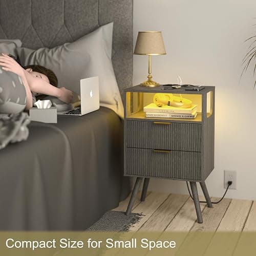 JOONEE Nightstand with Charging Station and LED Lights,Modern Bedside Table with 2 Storage Drawer and Open Wood Shelf, for Bedroom and Small Spaces,Night Stand with Solid Wood Legs,GreyOak thumbnail 4
