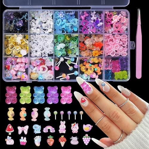 Multi 3D Mix Assorted Color Nail Charms Acrylic Flower Butterfly Bowknots Lollipop Candy Bear Cute Hollow Pearls Nail Charms Jewelry for Nail Art DIY Accessories - Image 1
