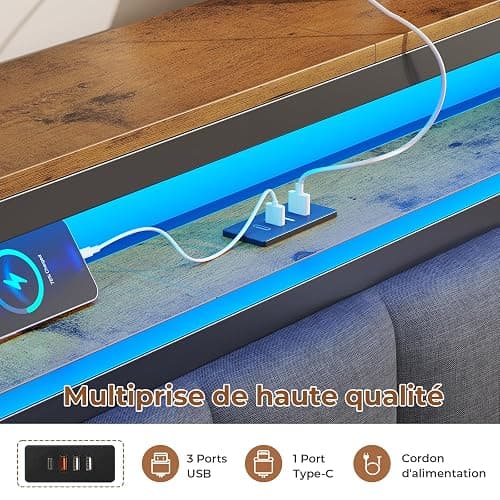 AOGLLATI Cadre de Lit 140x190 avec Multiprise et Éclairage LED, Lit 2 Personnes Flottant avec Tête de Lit Rangement, Sommier en Métal, Structure Stable, Lin Gris Foncé(sans Matelas) thumbnail 3