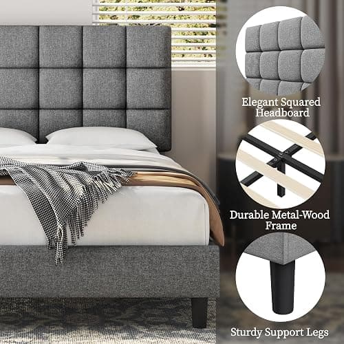 Yaheetech 4ft6 Double Bed Frame, Upholstered Headboard, Light Grey | Premium Linen-Fabric, Square Tufted & Adjustable Height Headboard, Solid Slats, Ideal for Bedrooms, Apartments and Guestrooms thumbnail 5