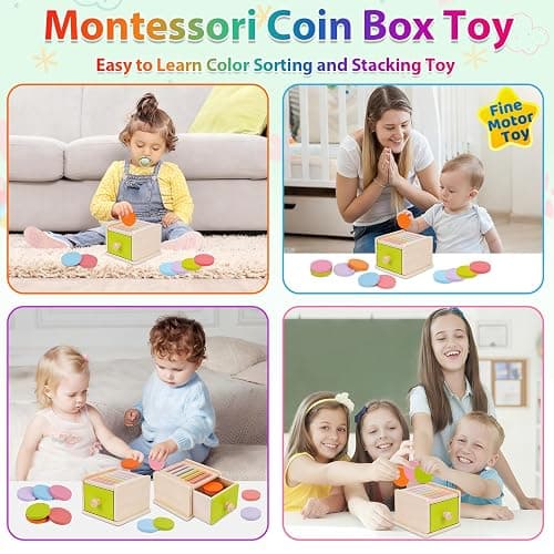 FCSONU Toddlers Montessori Coin Box Toys for 1 2 3 Year Old Boys Girls Baby | Wooden Baby Toys|Fine Motor Skills Toys, Kids Learning Color Sorting & Stacking Sensory Toys, Easter Christmas Birthday Gifts thumbnail 6