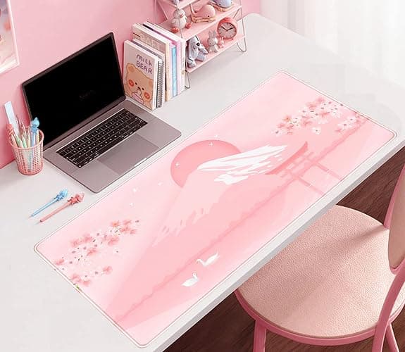 Cherry Blossom Mouse Pad Kawaii Pink Floral Desk Mat, Japanese Pastel Sakura Large Anime Gaming Mousepad XXL, Cute Aesthetic Mount Fuji Japan Keyboard Mats for Women Office Desk Pads 31.5"x15.75" thumbnail 6