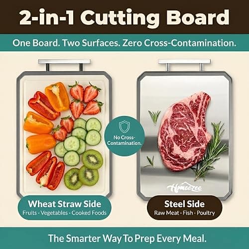 HOMEEZEE Double Sided Cutting Boards for Kitchen, Stainless Steel Cutting Board for Meat, Wheat Straw PP Large Chopping Board for Vegetables, Easy to Clean, Juice Grooves, 16"L * 11"W thumbnail 5