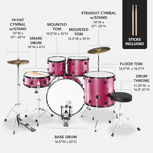 Best Choice Products 5-Piece Full Size Complete Adult Drum Set w/Cymbal Stands, Stool, Drum Pedal, Sticks, Floor Tom - Pink Sparkle thumbnail 2