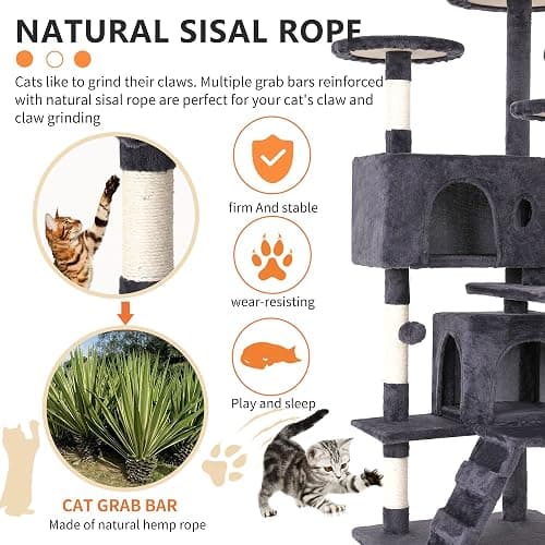 BestPet | 54" Cat Tree Tower | Ashy | Sturdy, Easy to Assemble, Multi-Level Activity Center with Sisal Scratching Posts, Condos, Perches, Hanging Cat Toys, Observation Decks & Ladder thumbnail 4