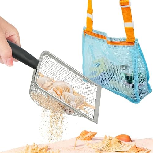 4E's Novelty 2X Shark Tooth Sifter for Beach with 2X Small Mesh Beach Bag for Shell Collecting, Metal Sand Scoop for Picking Up Shells - Beach Toys for Kids (2 Sets) thumbnail 4