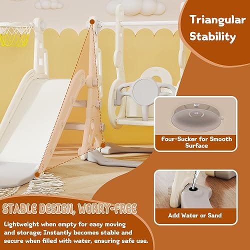 4 in 1 Toddler Slide and Swing Set, Baby Kids Slide for Age 1-3, Outdoor Indoor Playset with Basketball Hoop, Adjustable-Height Swing thumbnail 6
