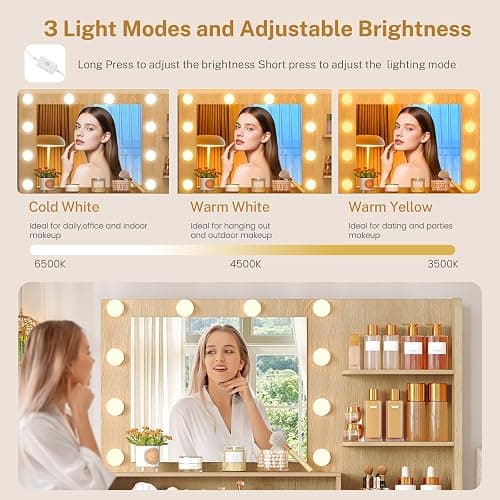 FIONESO Vanity Desk with Mirror and Lights, Makeup Vanity with 5 Drawers & Storage Shelves, 3 Color Modes & Adjustable Brightness, Fluted Vanity for Girls, Natural thumbnail 5