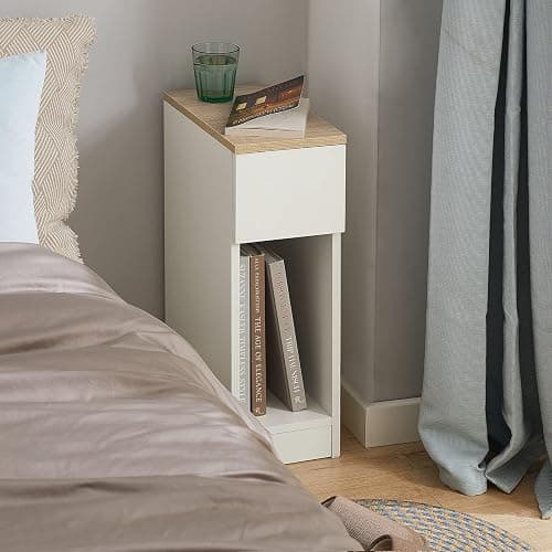 SoBuy Set of 2 Nightstand Narrow Night Stand Modern Design Bedside Furniture Slim End Table Storage Cabinet with Sliding Drawer and Open Compartment, White & Natural FBT111-WNX2 thumbnail 2