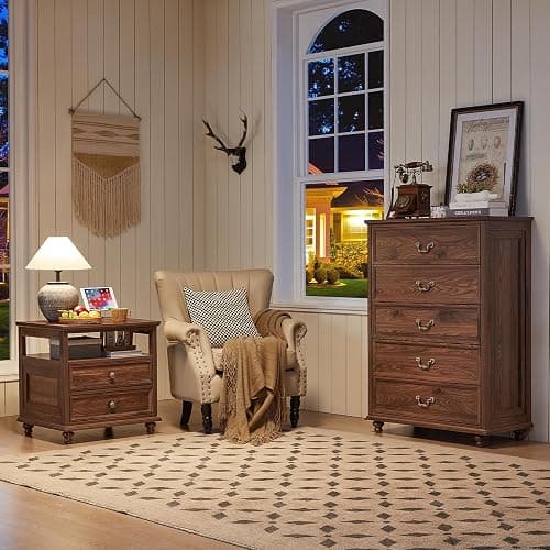 Joaxswe Farmhouse 5 Drawer Dresser for Bedroom, 45" Tall Rustic Chests of Drawers w/ 4 Solid Wood Feet, Mid Century Modern Wooden Closet Storage Dressers Organizer for Living Room, Hallway, Brown thumbnail 5