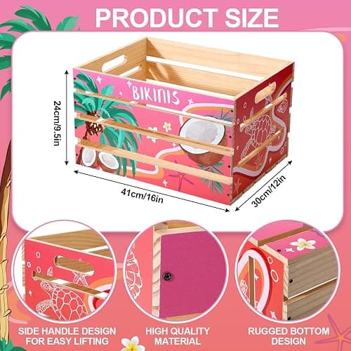 Novabright 2 Pack Large Bikini Box 16x12x9.5in Wooden Crate Box for Swimwear Storage Stackable Bikini Organizer Crate DIY Assembly Summer Pool Party Storage Bin (Tropical,Pink) thumbnail 2