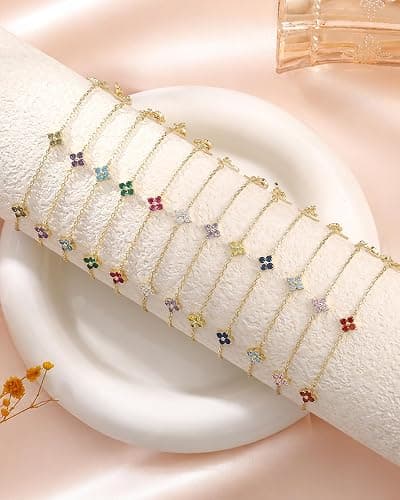 SOLEVAN Clover Birthstone Gold Bracelets for Women Trendy Non Tarnish | Dainty 14K Gold Plated Stackable Cute Charm Friendship Bracelet Stack Wedding Prom Gold Jewelry Birthday Gift for Best Friend thumbnail 7
