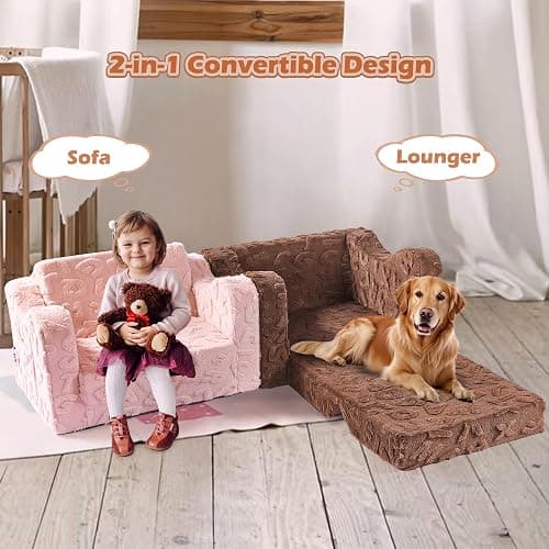 KokoSelene Toddler Chair,  2-in-1 Soft Toddler Couch Fold Out, Convertible Kid Sofa to Lounger, Comfy Kids Couch for Girls and Boys (Pink) - Pink thumbnail 4