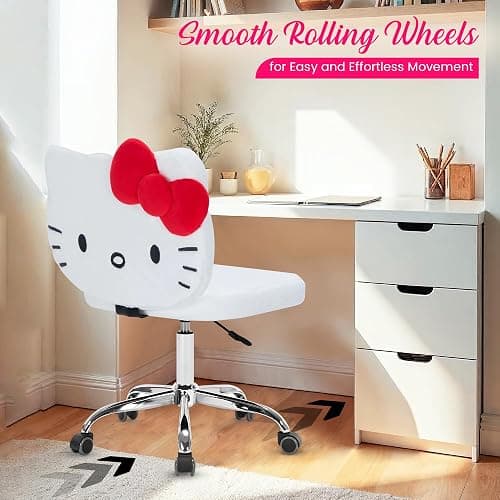 Impressions Vanity Hello Kitty Teddy Swivel Vanity Chair for Makeup Desk, Armless Rolling Chair with Wheels, Adjustable Height, 360 Degree Swing, Comfy Foam Padded Seat and Backrest (Teddy White) thumbnail 5