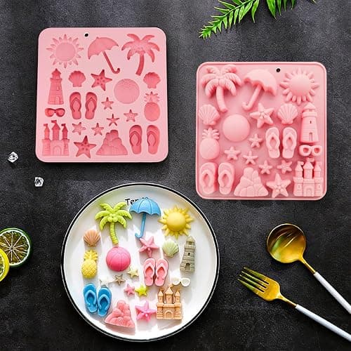 2Pcs Summer Beach Theme Silicone Molds for Chocolate, Coconut Tree Starfish Shells Beacon Pineapple Shape Candy Chocolate Mold for Tropical Summer Party Marine Jello Cookie Ice Cube Baking Mould thumbnail 2