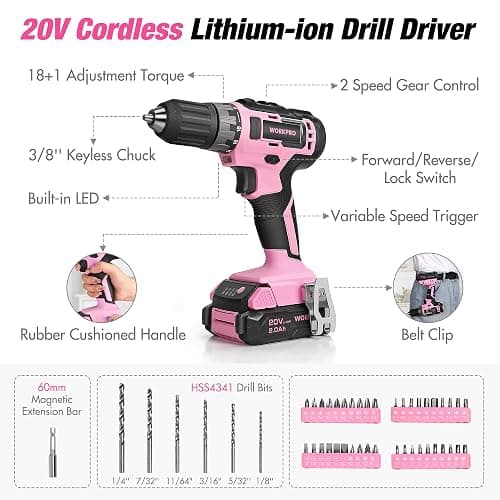 WORKPRO Pink Tool Kit with Drill, Tool Set with 20V Cordless Lithium-ion Drill Driver, Pink Drill Set for Women, 157PCS Home Tool Kit, Lady's Repairing Kit with 14-Inch Storage Bag - Pink Ribbon thumbnail 4