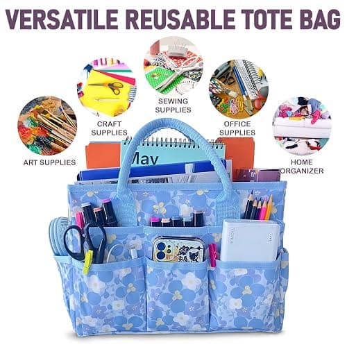 Cupohus Craft Organizer Tote Bag – Art Organizer, Craft Caddy with Multiple Pockets, Large Capacity Supply Storage Bag for Sewing, Knitting, Painting, and Travel（Blue Print） thumbnail 3