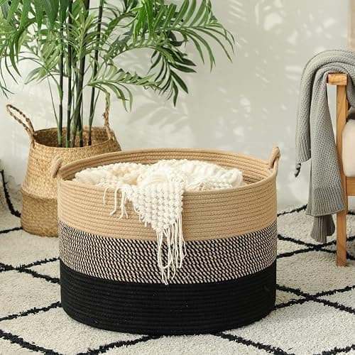 KAKAMAY Large Blanket Basket (20"x13"),Woven Rope Baskets for storage Baby Laundry Hamper, Cotton Rope Blanket Basket for Living Room, Laundry, Nursery, Pillows,Baby Toy chest (Jute/Black) thumbnail 6