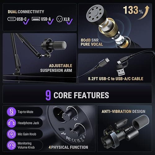 FIFINE K688 Podcast Microphone Kit, USB/XLR Dynamic Microphone with Boom Arm for PC/XLR Mixer, Gaming Mic with Mute Button, Headphone Jack for Vocal, Voice-Over, Streaming, Music Recording -K688CT thumbnail 3