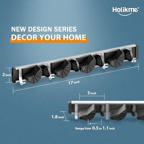 Holikme Mop Broom Holder Wall Mount Metal Pantry Organization and Storage Garden Kitchen Tool Organizer Wall Hanger for Home Goods (4 Positions with 4 Hooks, Black) thumbnail 2