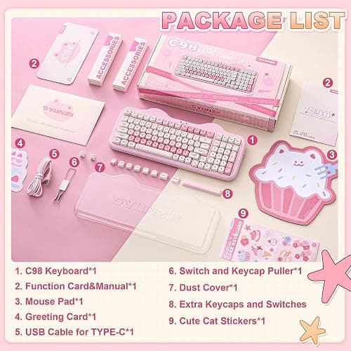 YUNZII C98 Wireless Mechanical Keyboard with Number Pad,99 Key BT5.0/2.4G/USB-C Hot Swap Gasket Mount with PBT MOA Keycaps,Custom RGB,Cute Cake Keyboard for Win/Mac (Pink, Milk V2 Linear Switch) thumbnail 9