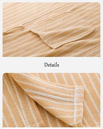HGKPFGTF Striped Cotton Bathrobe for Women Super-Soft Terry Plush Kimono Towel Robe Long Sleeve Lounge Robe with Pockets thumbnail 6