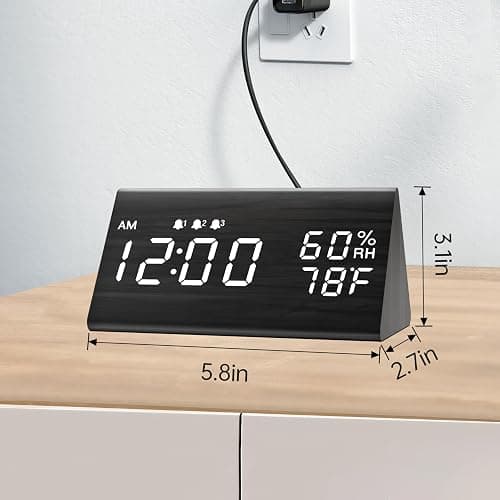 Digital Alarm Clock, with Wooden Electronic LED Time Display, 3 Alarm Settings, Humidity & Temperature Detect, Wood Made Electric Clocks for Bedroom, Bedside (Black) thumbnail 7