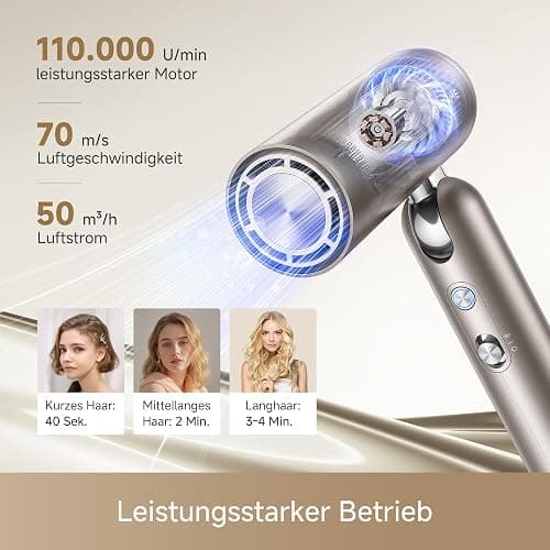 dreame Pocket Pro Hochgeschwindigkeits-Haartrockner, 3 klappbare Formen, 300 g, 110.000 U/min Motor, 300 Millionen negative Ionen/cm³, konstant 57 °C, 40s NTC-Trocknung, geräuscharm thumbnail 4