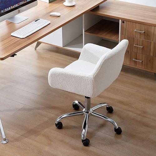 HomVent Faux Fur Home Office Chair for Women Girl, Modern Accent Chair Furry Makeup Desk Chairs with Rolling Wheels Armrest for Living Room Bedroom Office Vanity White thumbnail 8