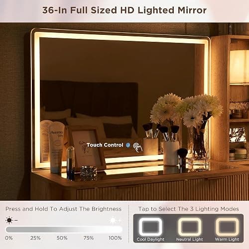 T4TREAM Fluted Makeup Vanity Desk with 36" HD Lighted Mirror, 48" Big Modern Vanity Desk with Mirror and Lights, Dressing Table with 5 Drawers & Shelves, Glass Top for Bedroom (Natural Oak) thumbnail 3